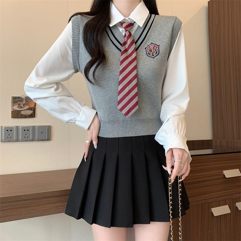 Set: Mock Two-Piece Long-Sleeve Logo Applique Knit Panel Shirt + Striped Necktie Product Image