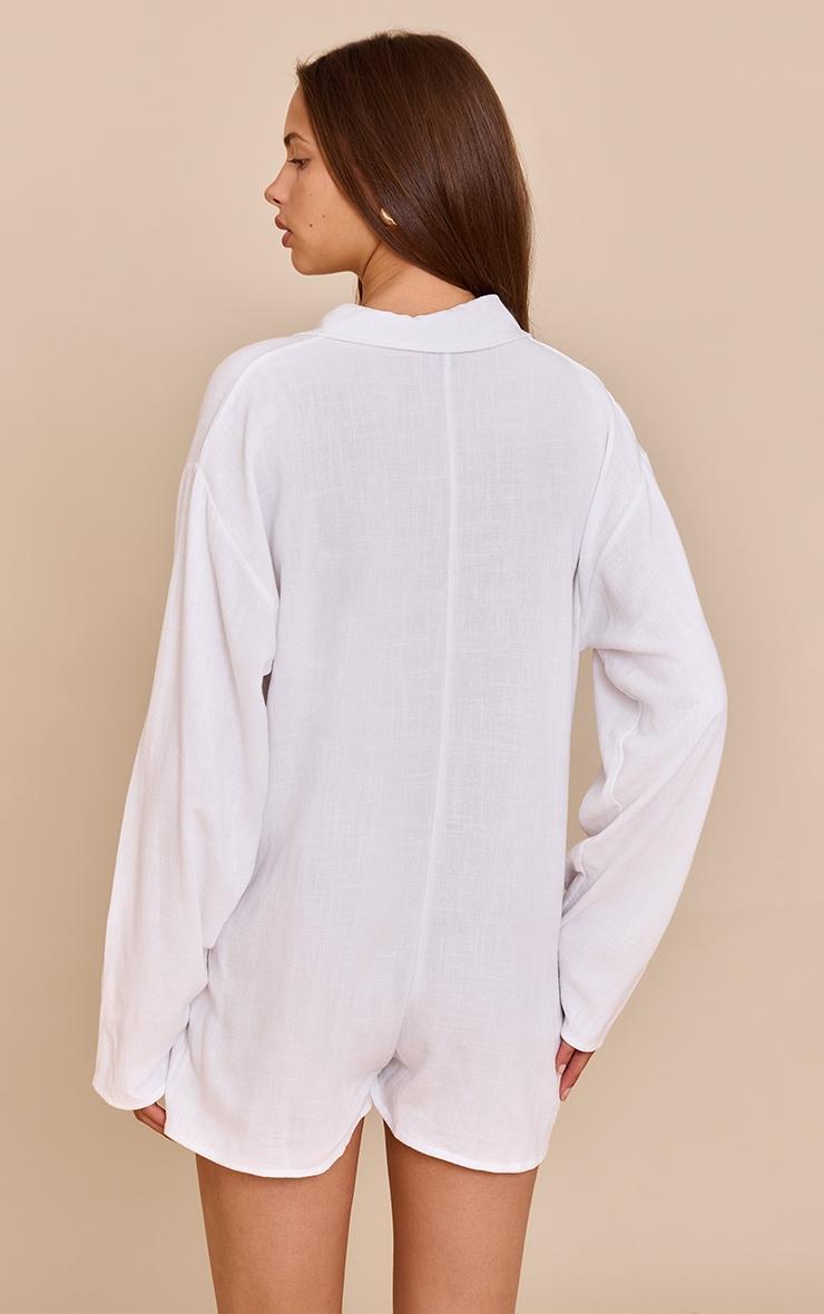 White Linen Look Floaty Shirt Detail Romper Product Image