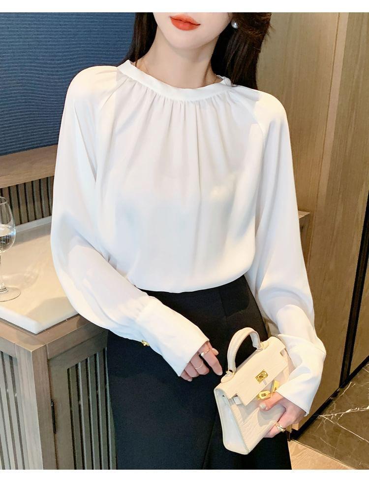 Long Sleeve Round Neck Plain Ruched Blouse Product Image