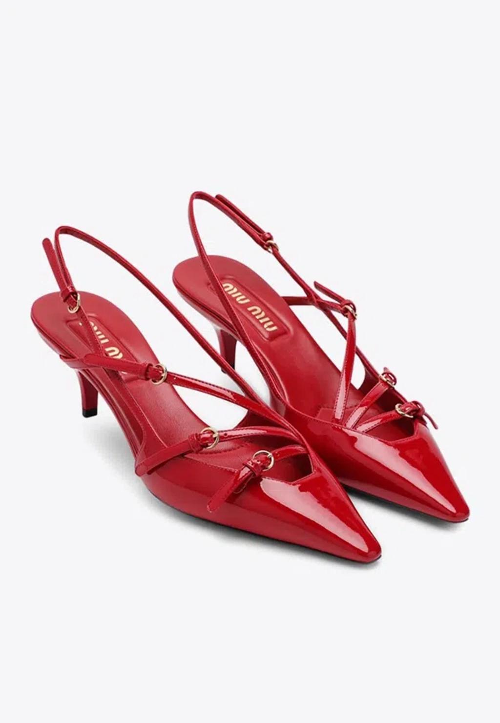 MIU MIU Patent Buckle-trio Slingback Pumps In Red Product Image