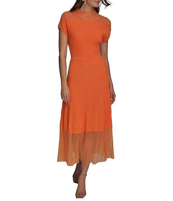 Donna Karan Mock Neck Short Sleeve Ribbed Knit Midi Dress Product Image