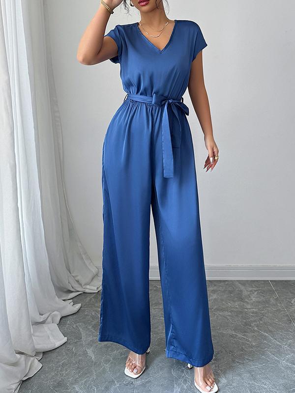 High Waisted Loose Backless Pleated Pockets Solid Color Tied Waist V-Neck Jumpsuits Product Image