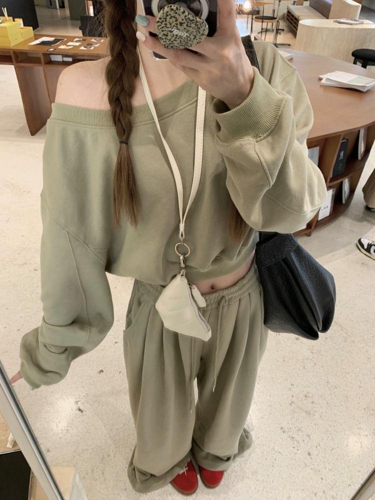 One Shoulder Plain Pullover / Drawstring Waist Wide Leg Sweatpants Product Image