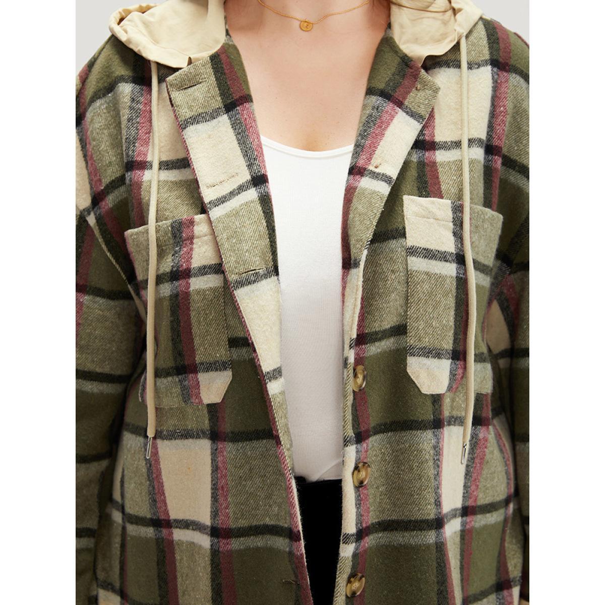 Plus Size Plaid Hooded Drawstring Pocket Coat Women Multicolor Contrast Pocket Dailywear Jackets BloomChic 18-20/2X Product Image
