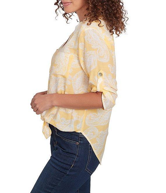 Ruby Rd. Paisley Woven Split V-Neck Elbow Length Roll-Tab Sleeve Button-Front Top Product Image