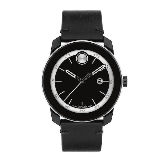 Movado Bold Mens TR90 Quartz Analog Silver Detail Black Leather Strap Watch Product Image