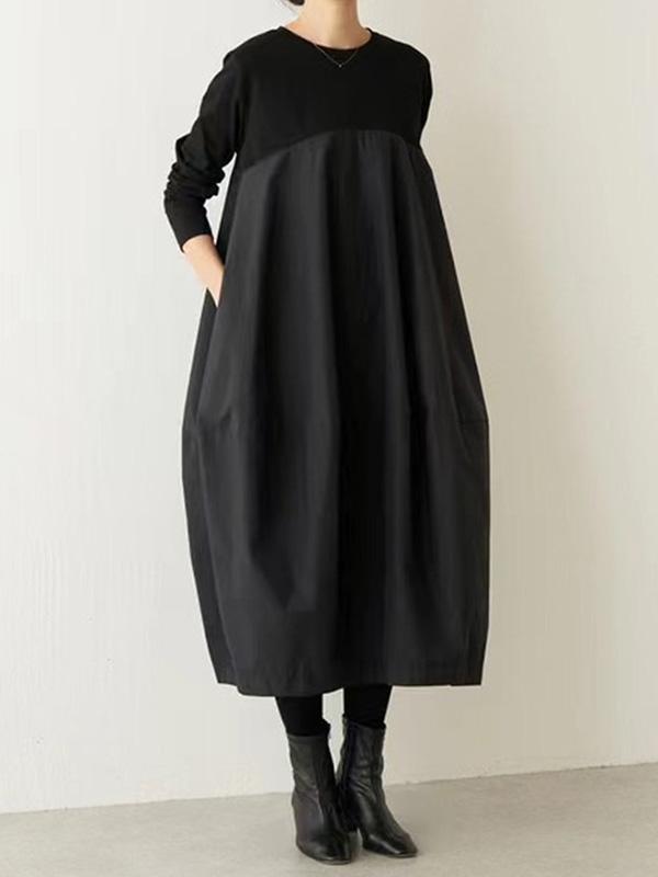 Long Sleeves Loose Split-Joint Round-Neck Midi Dresses Product Image