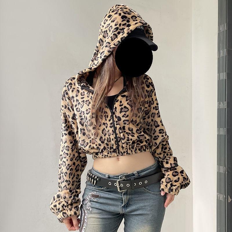 Leopard Zip Up Cropped Jacket Product Image