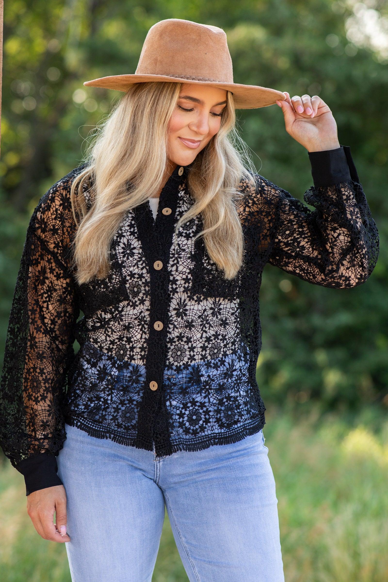 Black Floral Crochet Top With Button Detail Product Image