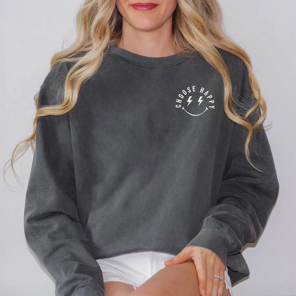 Simply Sage Market Women's  Garment Dyed Graphic Sweatshirt Embroidered Choose Happy Lightning Smiley Face Product Image