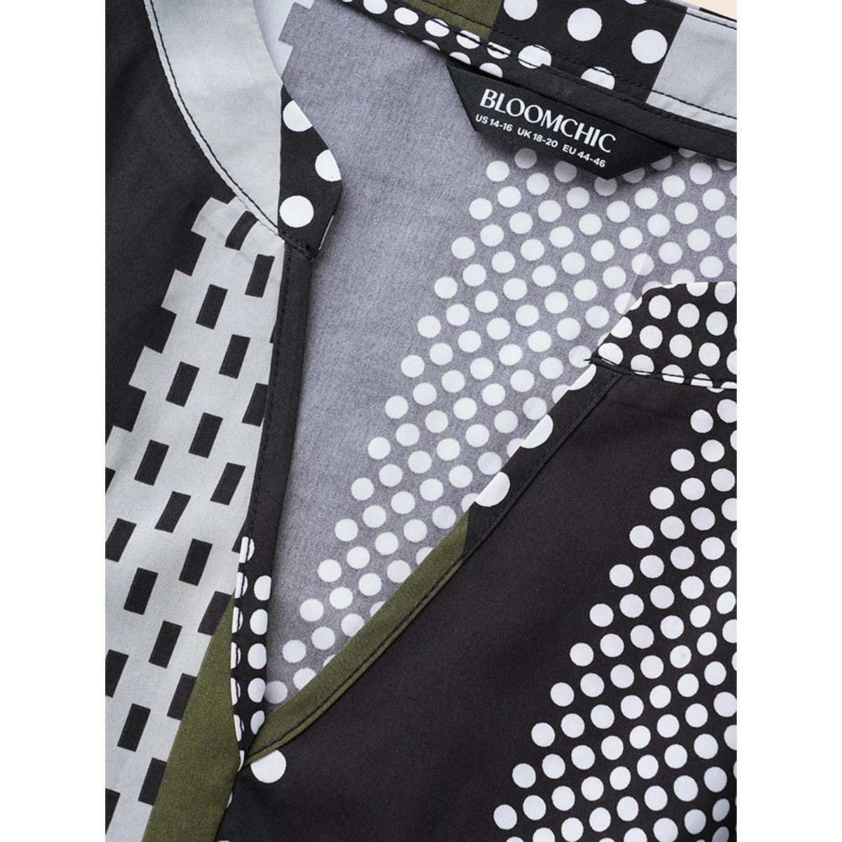 Plus Size Notched Geometric Patchwork Contrast Midi Dress ArmyGreen Women At the Office Non Flat collar with V-notch Short sleeve Curvy BloomChic 26/4X Product Image