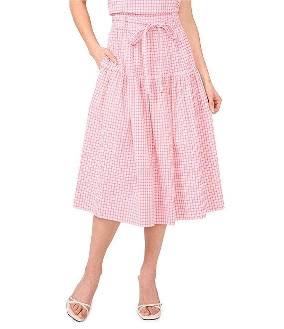 CeCe Gingham A-Line Tiered Belted Midi Skirt Product Image