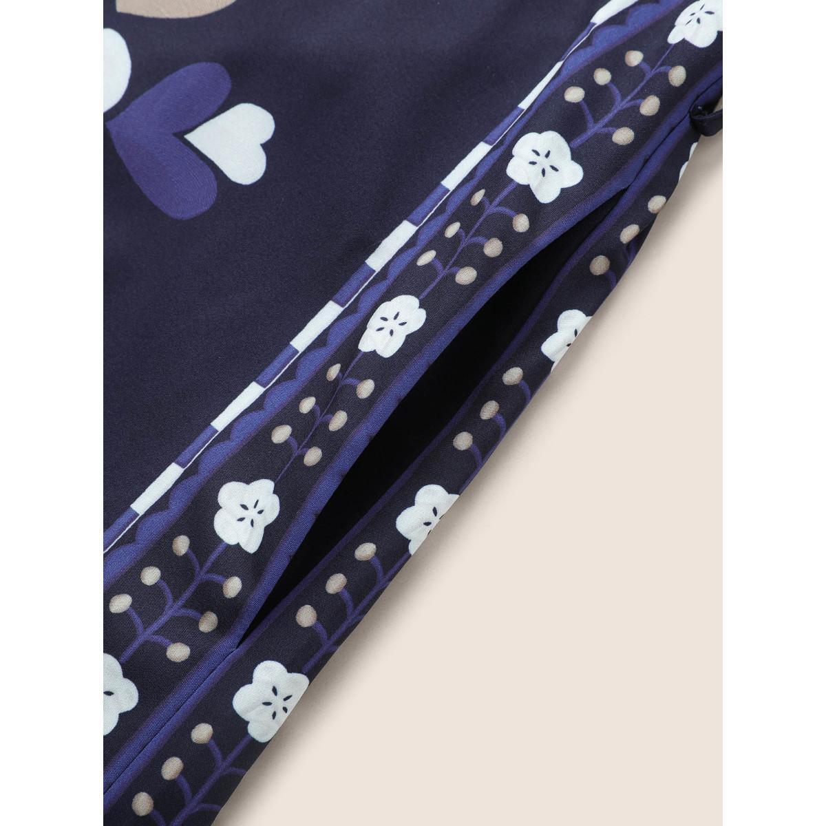 Plus Size Boho Print Belted Pocket Split Side Dress DarkBlue Women Resort Belted V-neck Elbow-length sleeve Curvy Midi Dress BloomChic 10/M Product Image