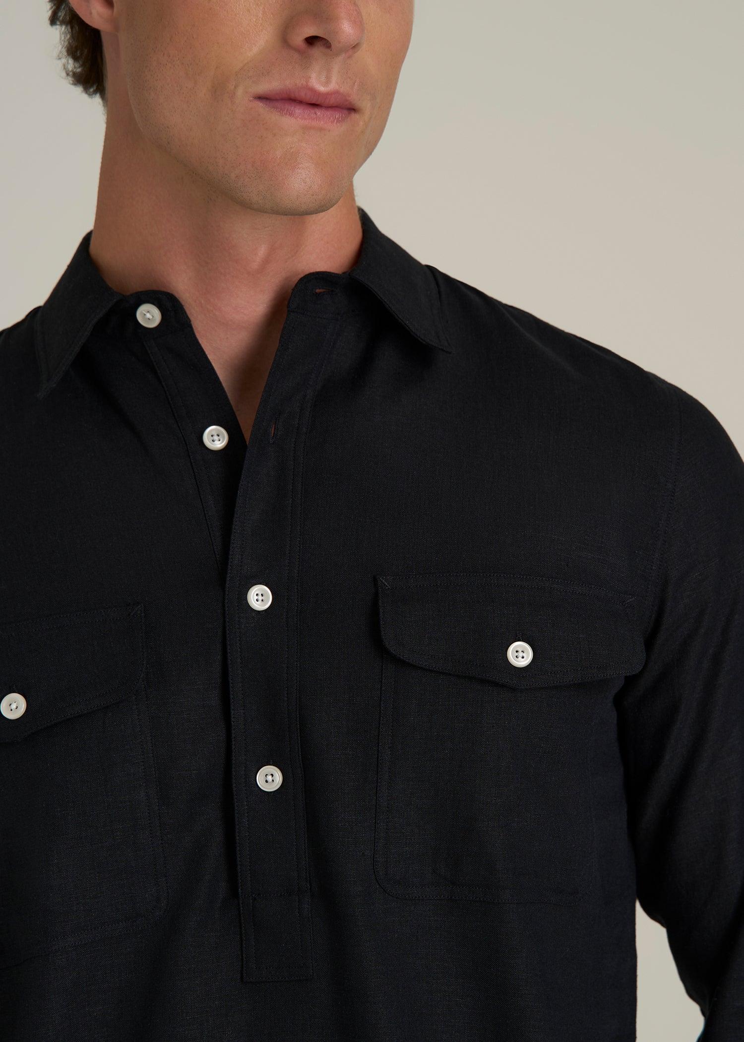 Linen Popover Shirt for Tall Men in Black Male Product Image