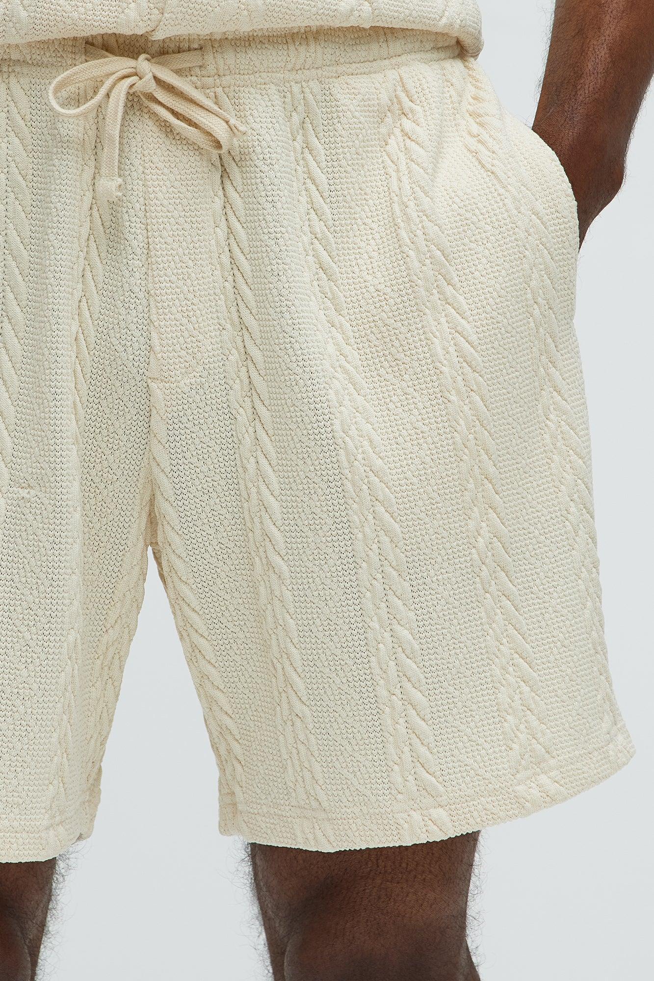 Textured Stripes Relaxed Drawstring Shorts - Cream Product Image