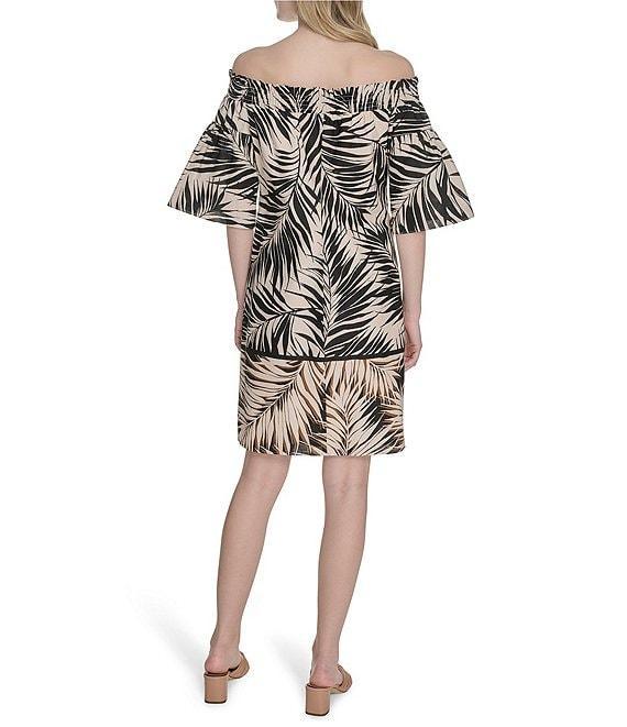 Vince Camuto Leaf Printed Poplin Off-The-Shoulder Short Sleeve Shift Dress Product Image