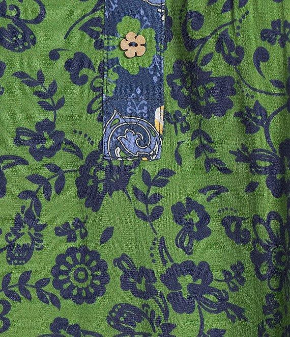 John Mark Plus Size Embroidered Printed Y-Neck 3/4 Sleeve Pintuck Peasant Tunic Product Image