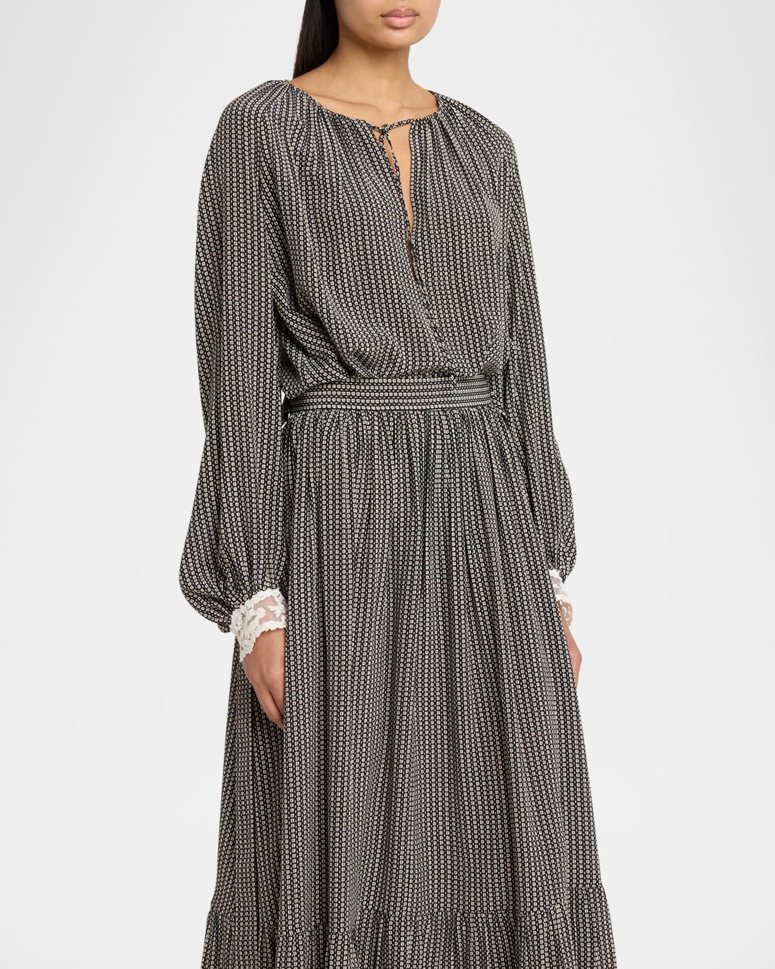 Micro Check Silk Long-Sleeve Blouse Product Image