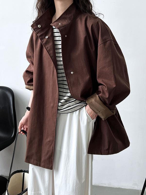 Long Sleeves Loose Pockets Solid Color Stand Collar Outerwear Trench Coats Product Image