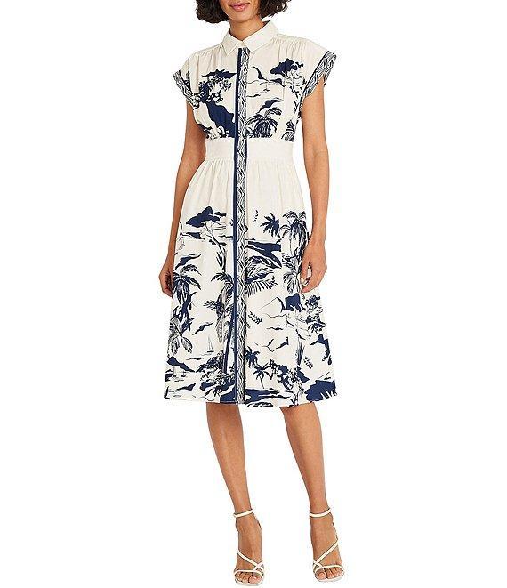 Maggy London Printed Stretch Cotton Poplin Collared Neck Short Sleeve Midi Dress Product Image
