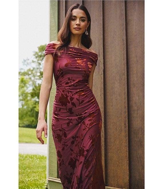Adrianna Papell Off-The-Shoulder Burnout Velvet Midi Dress Product Image