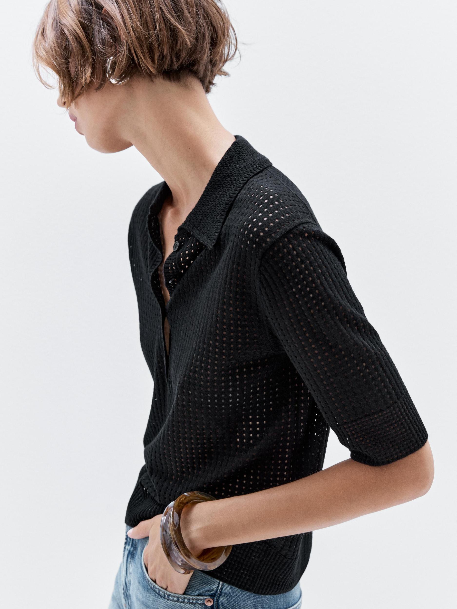 Open knit sweater with polo collar Product Image