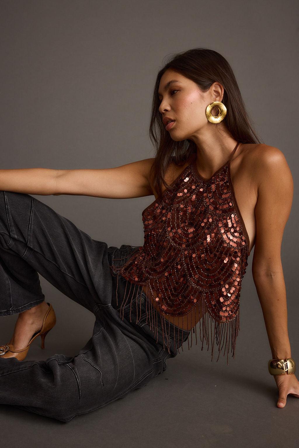 Cleo Espresso Beaded Halter Top Product Image