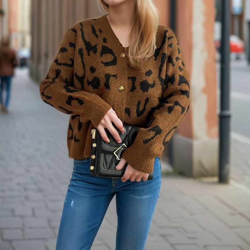 V-Neck Leopard Print Button-Up Crop Cardigan Product Image