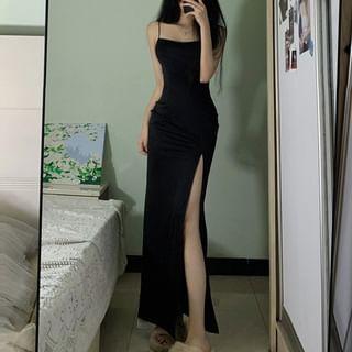 Spaghetti Strap Plain Side-Slit Maxi Sheath Dress Product Image