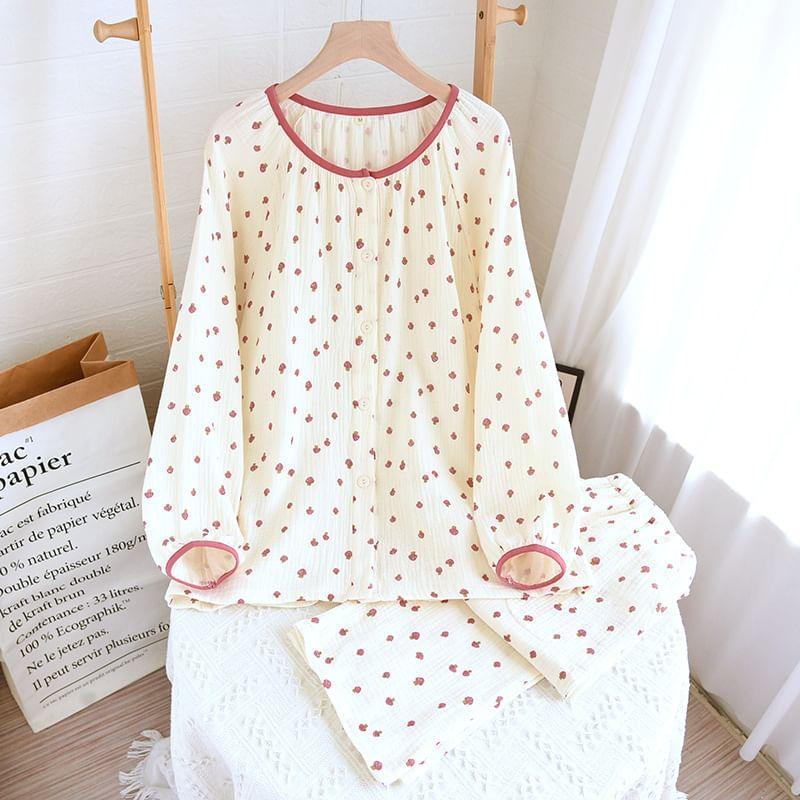 Pajama Set: Long-Sleeve Patterned Top + Pants Product Image