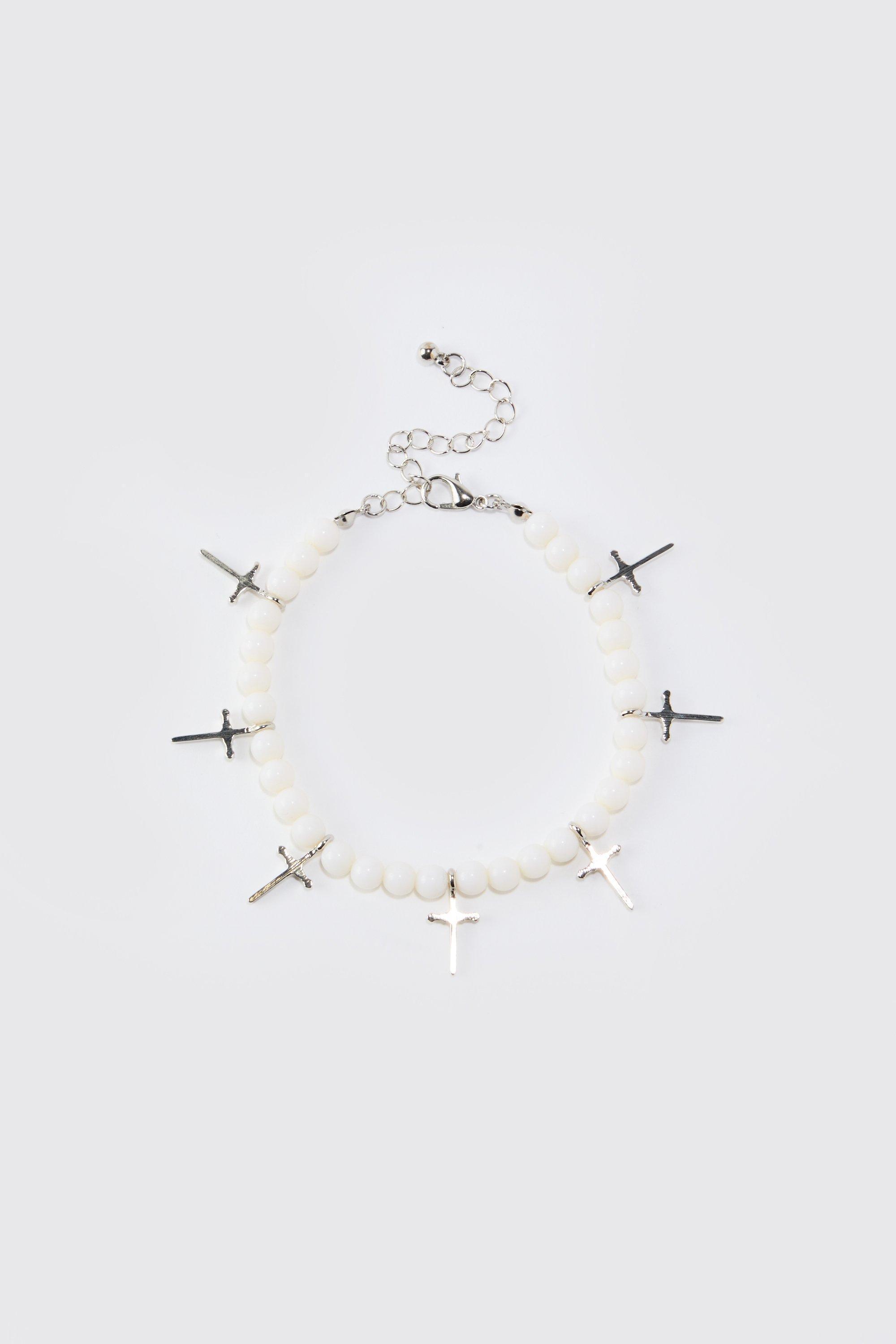 Mens Pearl Cross Pendant Bracelet In White, White Product Image