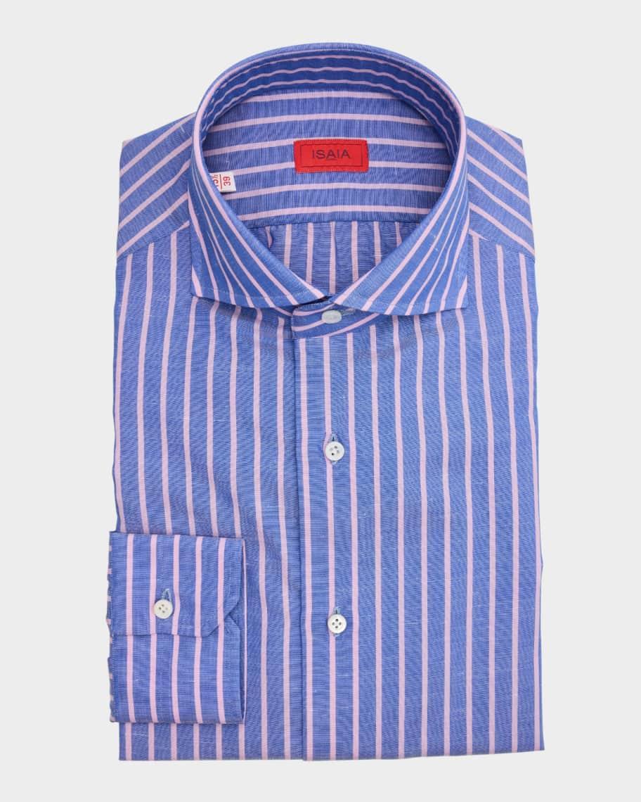 Men's Cotton and Linen Stripe Dress Shirt Product Image