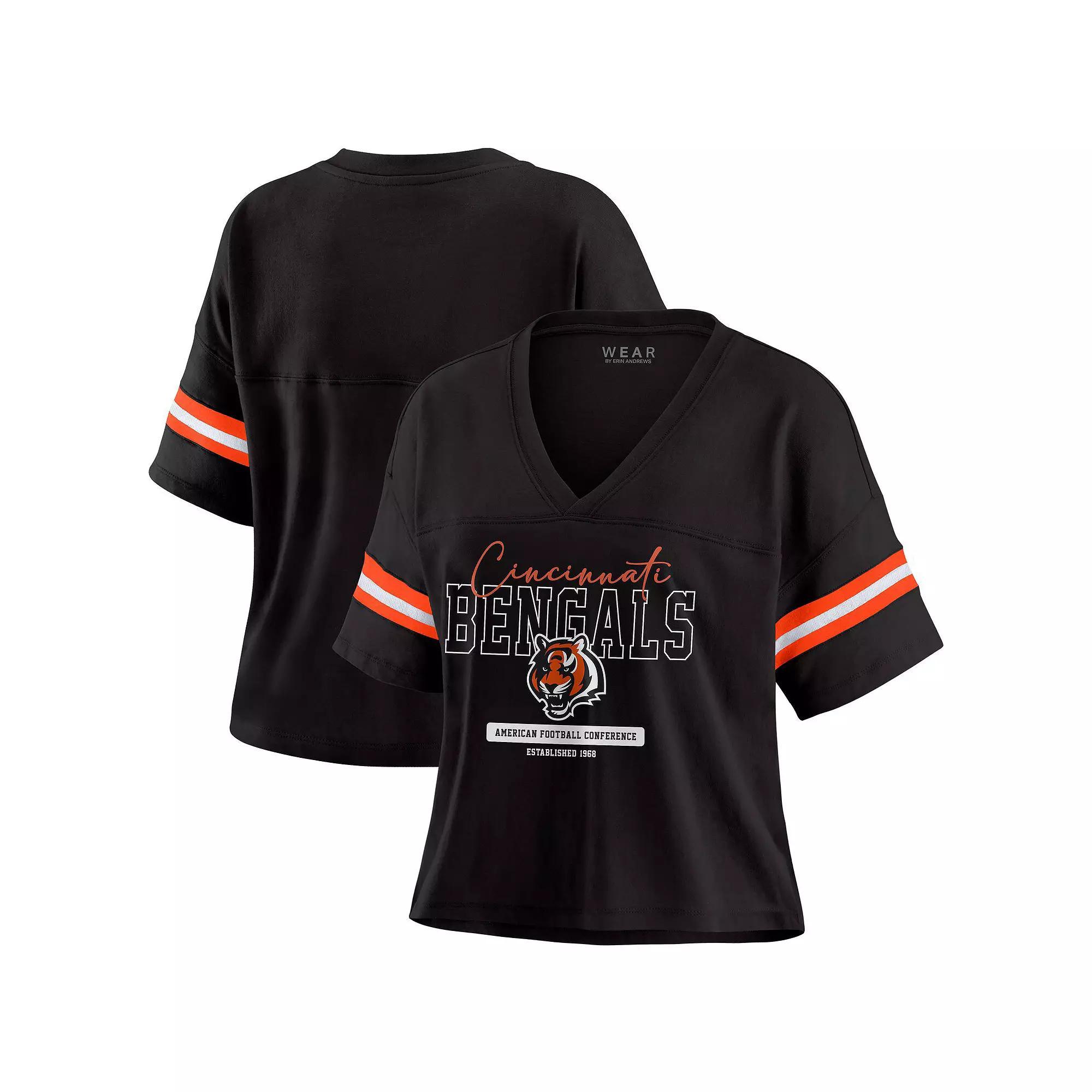 Women's WEAR by Erin Andrews Black Cincinnati Bengals Color Block Boxy Modest Crop V-Neck T-Shirt,  Product Image