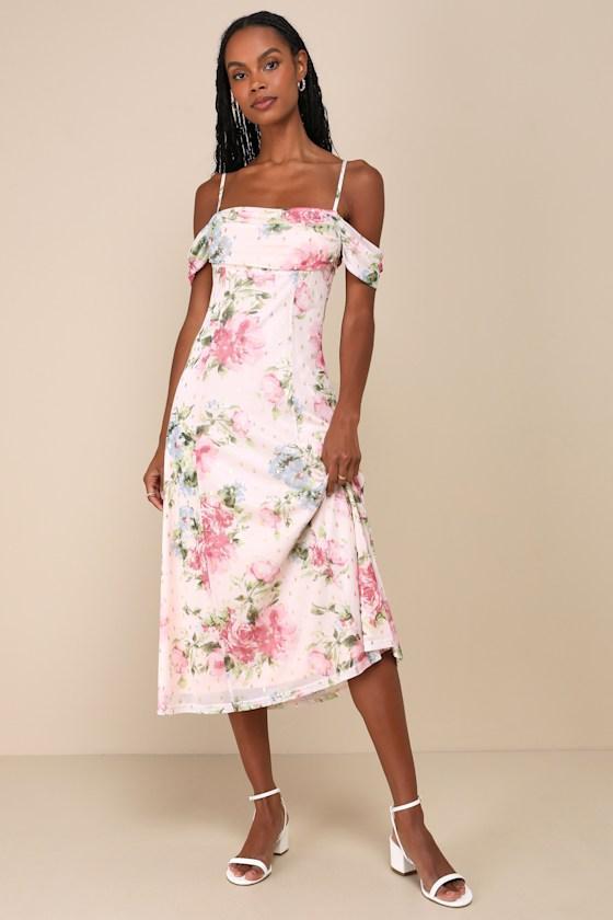 Sure to Adore Blush Pink Floral Mesh Cold-Shoulder Midi Dress Product Image