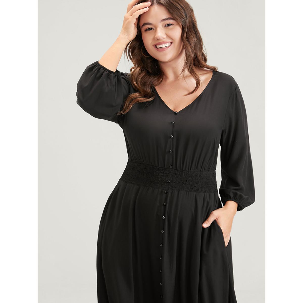 Plus Size Solid V Neck Lantern Sleeve Pocket Button Shirred Split Dress Black Women Elegant Elastic Waist V-neck Elbow-length sleeve Curvy Midi Dress BloomChic 22-24/3X Product Image