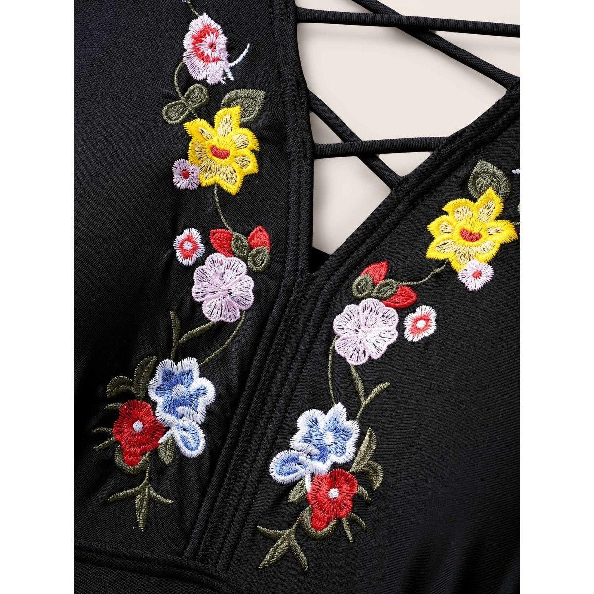 Plus Size Floral Embroidered Ruched Crisscross One Piece Swimsuit Women's Swimwear Black Beach Gathered Curve Bathing Suits High stretch One Pieces BloomChic 14-16/1X Product Image