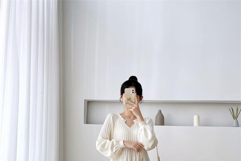 Maternity Long-Sleeve Notch Neck Plain Midi A-Line Knit Dress Product Image