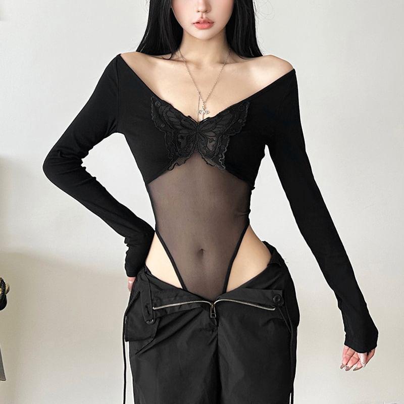 Long Sleeve V-Neck Butterfly Embroidered Plain Mesh Bodysuit Top Product Image