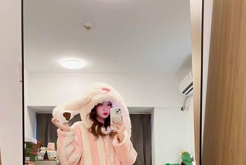 Rabbit Ear Hooded Fleece Striped Pajama Robe Product Image