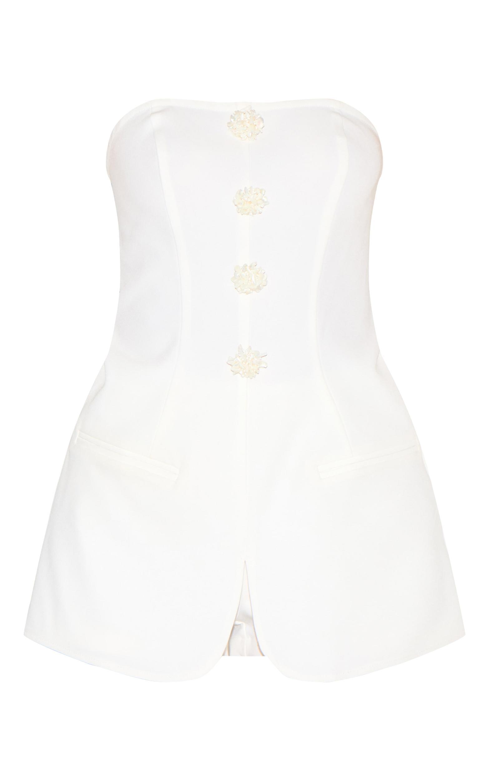 White Beaded Button Detail Tailored Romper Product Image