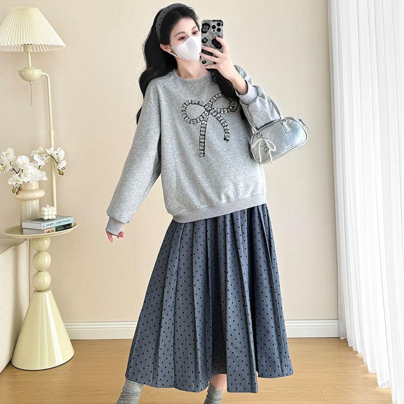 Maternity Crewneck Ribbon Accent Pullover / High Rise Dotted Maxi A-Line Pleated Skirt Product Image