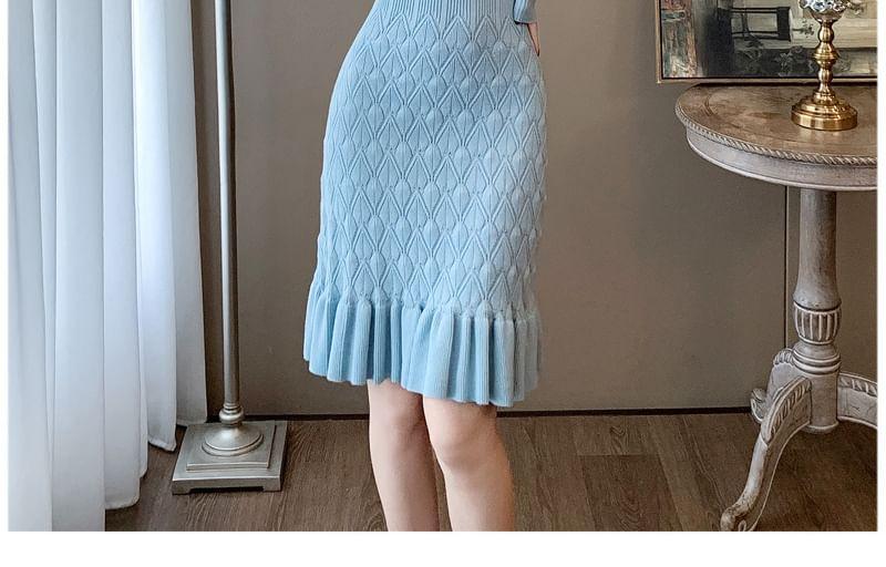 Long-Sleeve Notch Neck Plain Knit Mermaid Dress Product Image