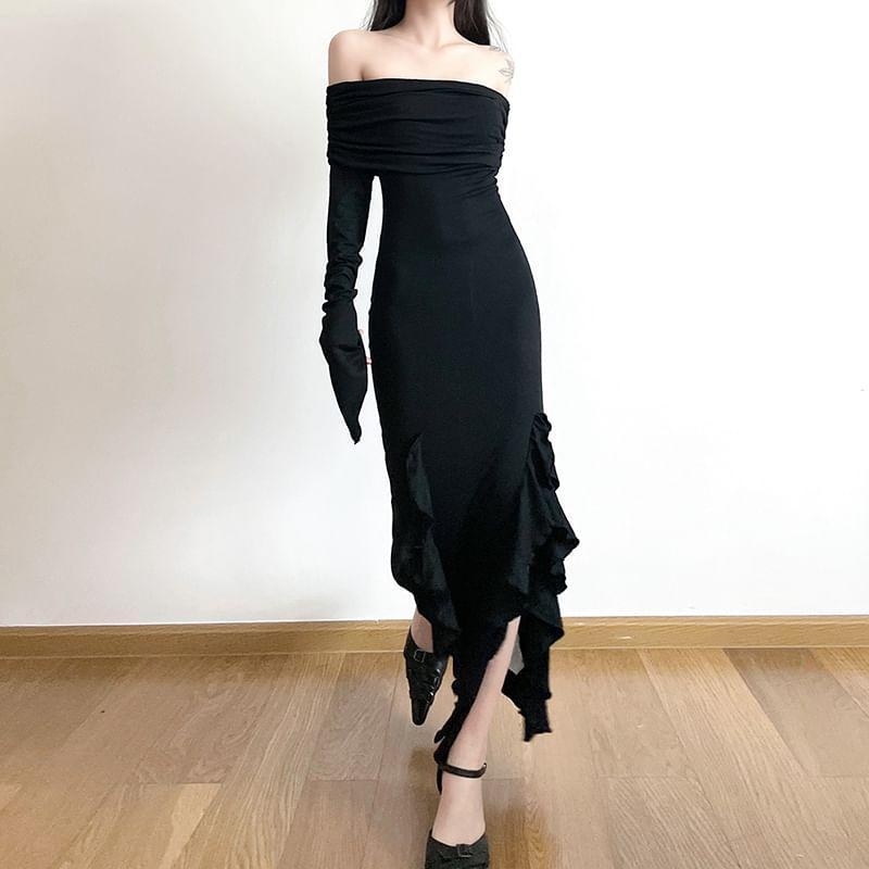 Long-Sleeve Off Shoulder Frill Trim Plain Maxi Sheath Dress Product Image