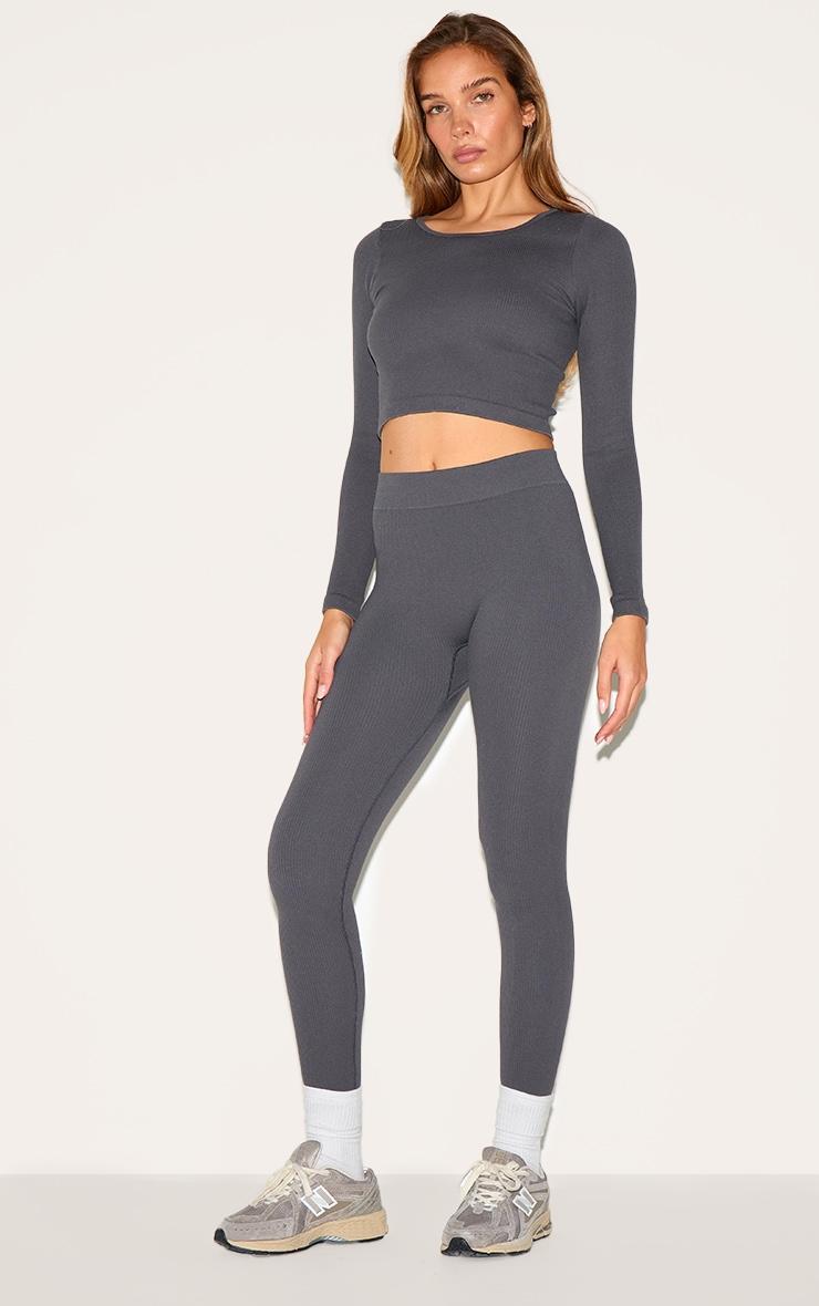 Charcoal Structured Snatched Ribbed Leggings Product Image