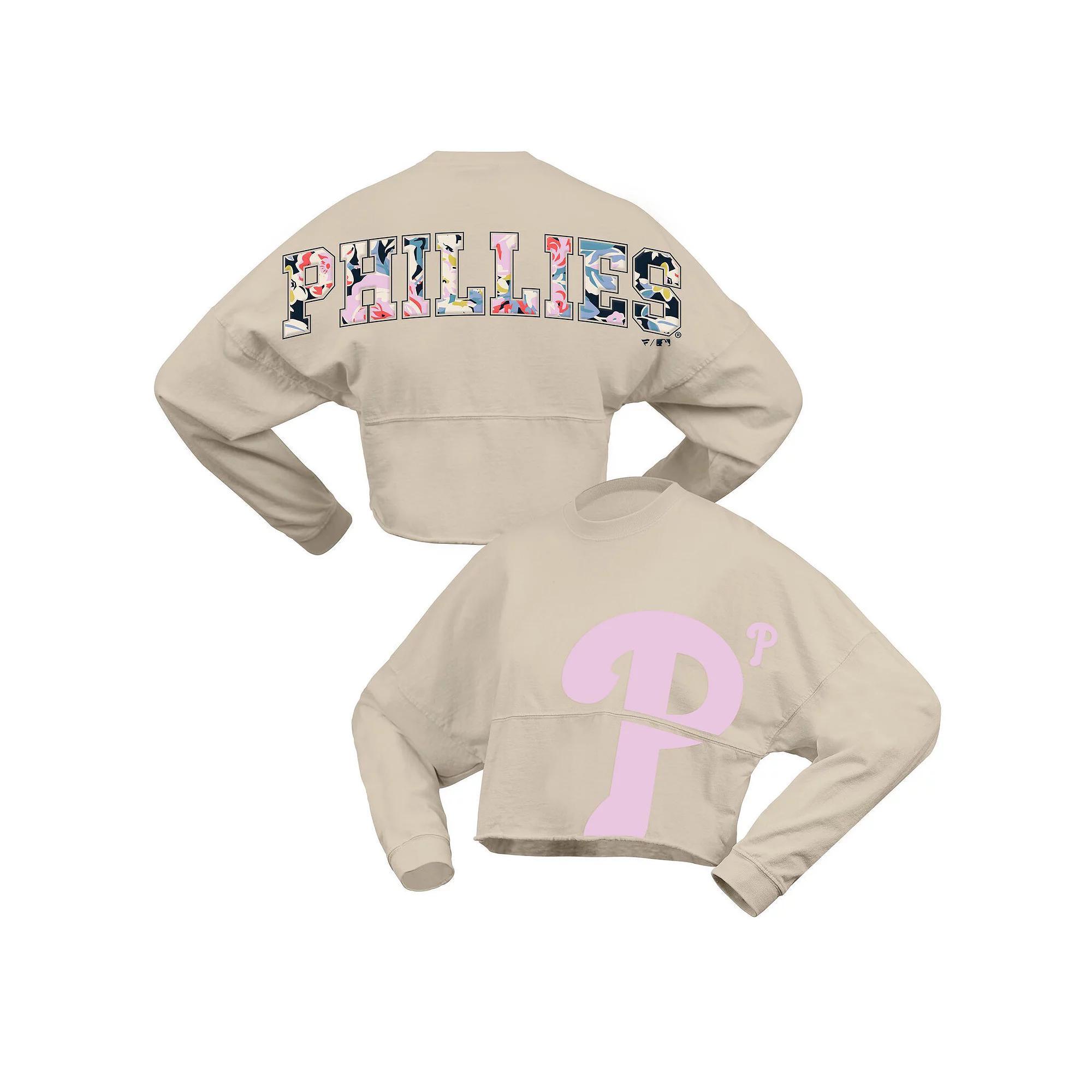 Women's Fanatics  Cream Philadelphia Phillies Floral Preppy Cropped Long Sleeve T-Shirt, Size: XXL, Beige Product Image