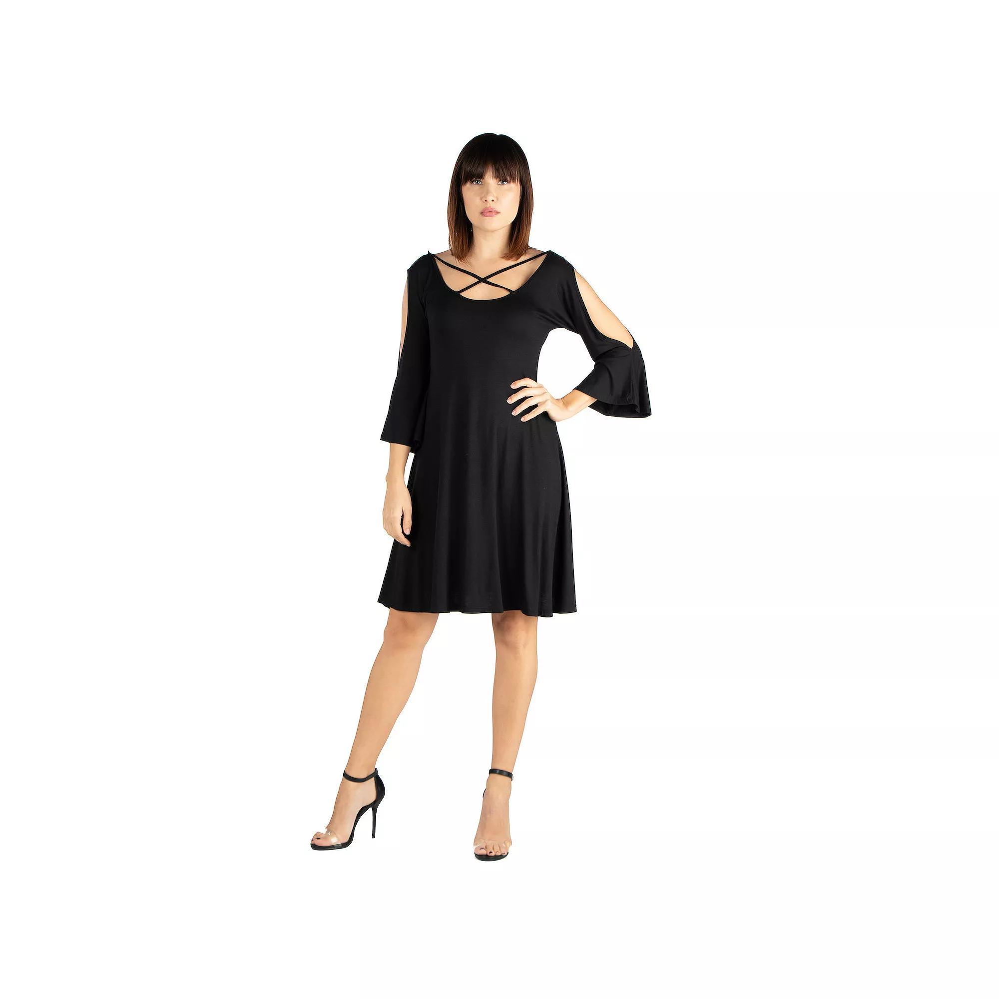 Women's 24seven Comfort Apparel Knee Length Fit & Flare Cold Shoulder Dress, Size: XXL, Black Product Image