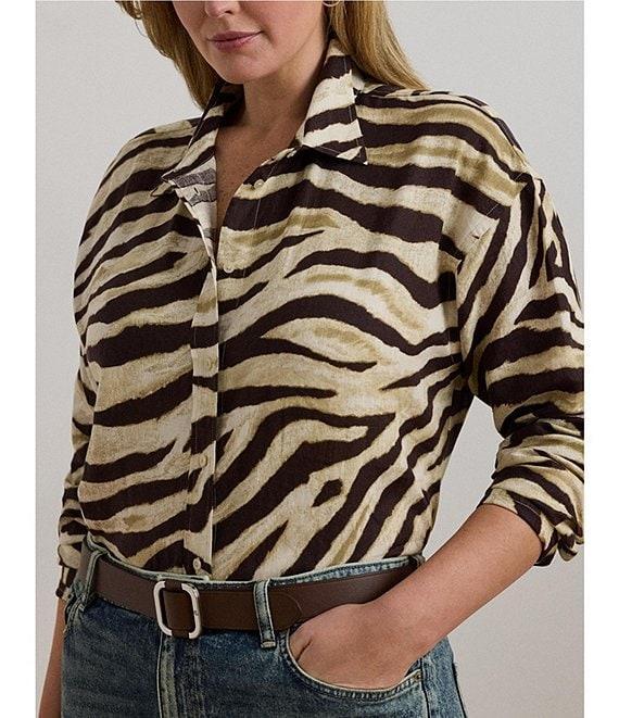 Lauren Ralph Lauren Plus Size Linen Zebra Print Point Collar Long Sleeve Button-Front Shirt Product Image