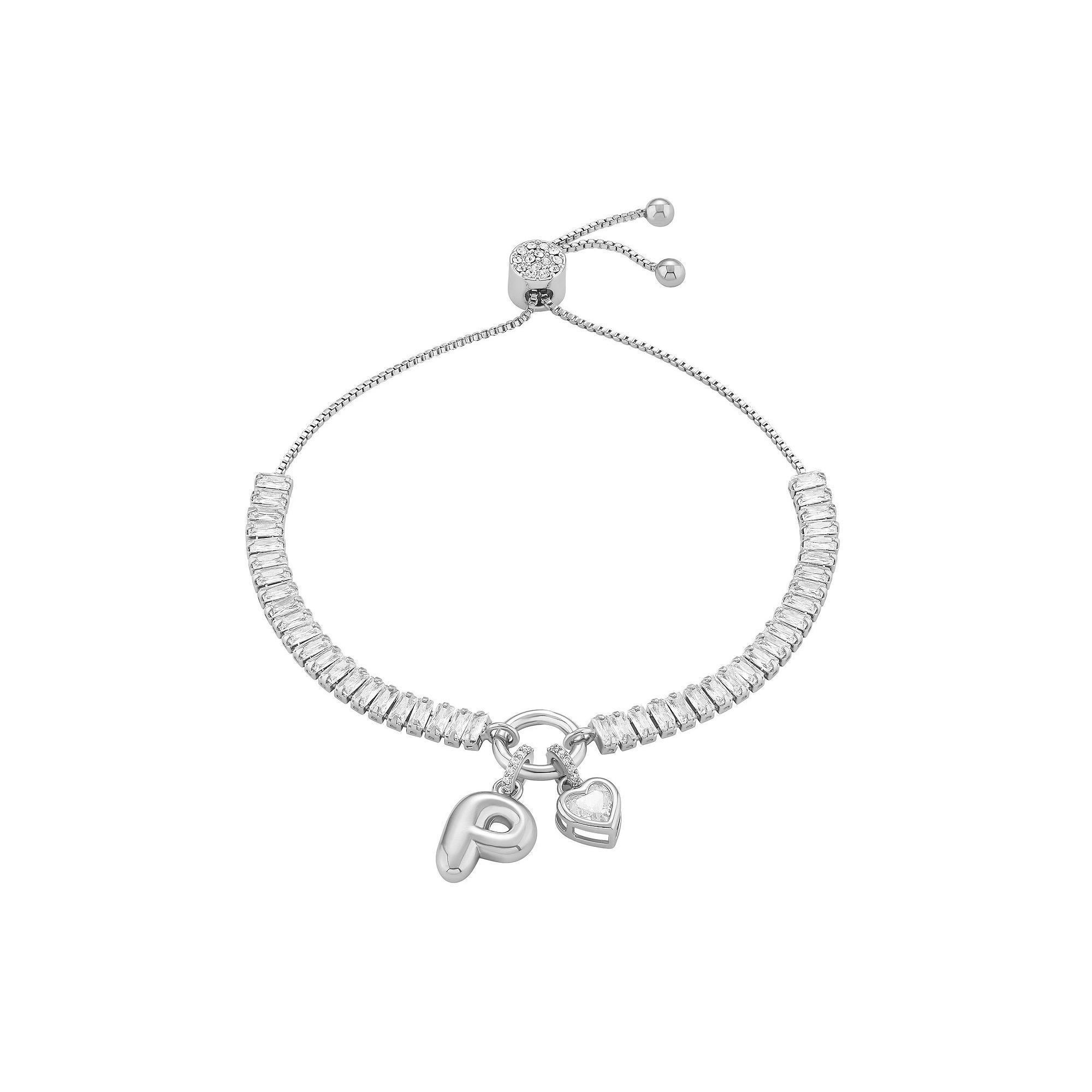 Brilliance Cubic Zirconia Heart & Polished Bubble Initial Charm Adjustable Bracelet, Women's, Size: 4-10" ADJ, Silver Tone P Product Image