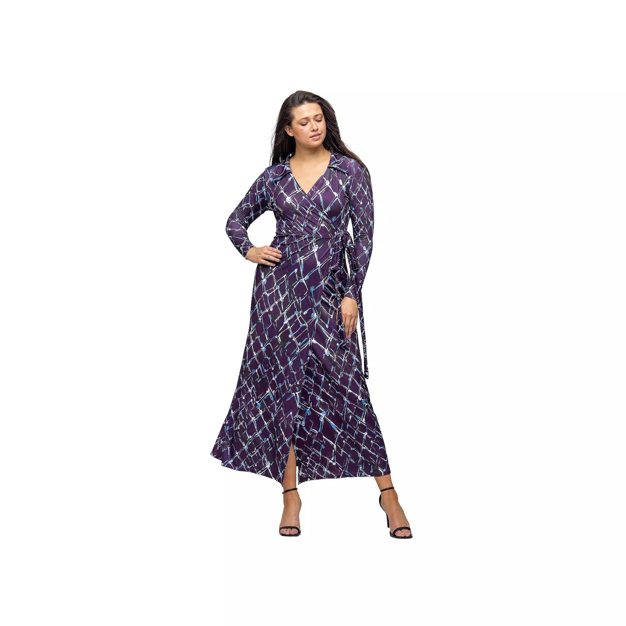 Women's 24Seven Comfort Apparel Print Collared Wrap Maxi Dress,  Product Image