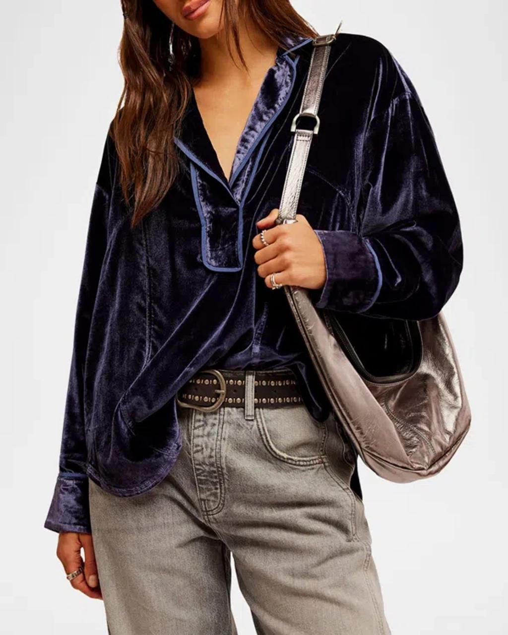 FREE PEOPLE We The Free Luxy Solid Velvet Shirt In Night Sky Product Image